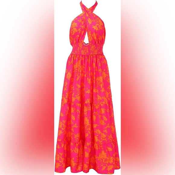 SHEIN Dresses & Skirts - Floral Maxi Dress L Criss Cross Halter Hot Pink Orange Tropical Floral Print